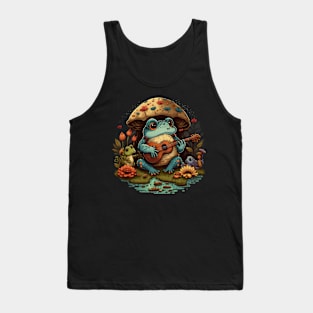 Cottagecore aesthetic cute frog playing ukelele on Mushroom Tank Top